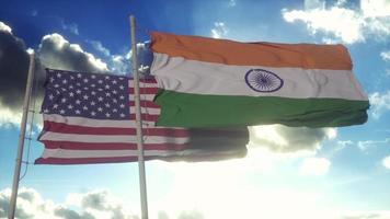 India and United States flag on flagpole. India and USA waving flag in wind. India and United States diplomatic concept. 3d illustration photo