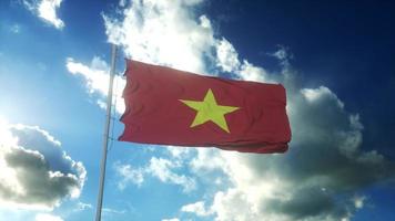 Flag of Vietnam waving at wind against beautiful blue sky. 3d illustration photo