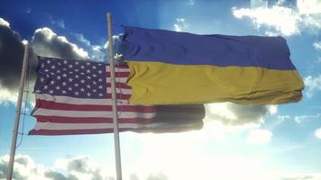 USA and Ukraine flags. USA and Ukraine flags waving in wind. USA and Ukraine diplomatic concept, blue sky background. 3d illustration photo