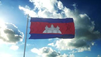 Flag of Cambodia waving at wind against beautiful blue sky. 3d illustration photo