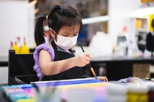 Kindergarten girl is doing water color painting in classroom. Children wear white face mask while sitting in special class, to prevent spread of virus and dangerous PM2.5 particulate matter for health photo