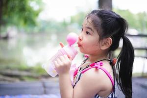 Portrait image Asian child 5 years old. Little kid drinking water with plastics bottle. Children sucking water with tube. Summer season. Girl are thirsty on hot days. Empty space for entering text. photo