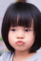 Portrait of Asian adorable girl. Kid make wrapping her mouth. Head shot of cute child. Black short hair children. Baby aged 4-5 yeas old. Upset lady motion. photo