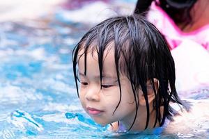 Head shot. Asian child girl playing water in the pool. Family travel resort in holiday. Portrait of baby like swimming. Happy kid aged 4-5 years old. Exercises that children love. Summer time. photo