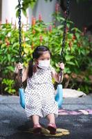 Portrait child 5-6 years old. Asian girl is sitting on swing and swinging, at playground. Children wear medical face mask to prevent small particulate matter PM2.5. Summer or spring. Vertical Photo. photo