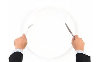 hand hold fork and knife with white plate photo