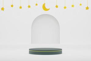 3d podium in white islamic background with stars and crescent gold color 3d illustration rendering for flyer design, banner, invitation and etc photo