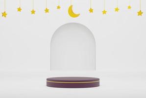 3d podium in white islamic background with stars and crescent gold color 3d illustration rendering for flyer design, banner, invitation and etc photo