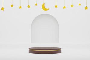 3d podium in white islamic background with stars and crescent gold color 3d illustration rendering for flyer design, banner, invitation and etc photo