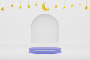 3d podium in white islamic background with stars and crescent gold color 3d illustration rendering for flyer design, banner, invitation and etc photo