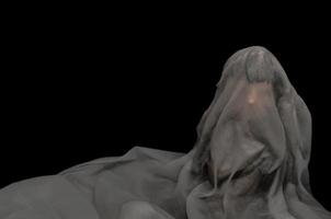 Long black hair doll cover with white sheet drown in water on dark background. Minimal Halloween scary concept. photo