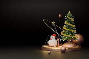 árbol de navidad con muñeco de nieve y adornos en composición negra para sitio web o afiche o tarjetas de felicidad, pancarta de navidad y año nuevo festivo, ilustración 3d realista o presentación 3d foto