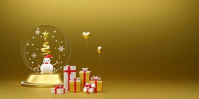 snow globe and Christmas tree with snow man and Gift box in Gold composition for modern stage display and minimalist mockup ,Concept Christmas and a festive New Year, 3d illustration or 3d render photo