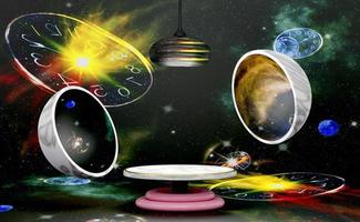 podium empty with geometric shapes in galaxy and planetary composition for modern stage display and minimalist mockup ,abstract showcase background ,Concept 3d illustration or 3d render photo