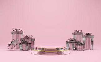 podium empty with geometric shapes and gift box in pink pastel composition for modern stage display and minimalist mockup ,abstract showcase background ,Concept 3d illustration or 3d render photo