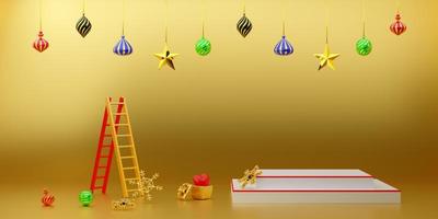 podio vacío con escalera y adornos en composición dorada para exhibición de escenario moderno y maqueta minimalista, concepto de navidad y año nuevo festivo, ilustración 3d o renderizado 3d foto