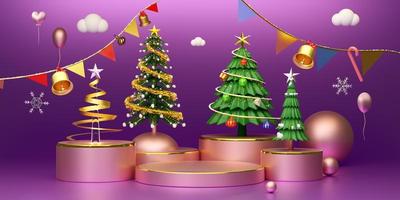 podio vacío con árbol de navidad y adornos en composición púrpura o violeta para sitio web o afiche o tarjetas de felicidad, pancarta navideña y año nuevo festivo, ilustración 3d realista o presentación 3d foto