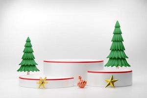 podio vacío y árbol de navidad con caja de regalo y adornos en composición blanca para exhibición de escenario moderno y maqueta minimalista, concepto de navidad y año nuevo festivo, ilustración 3d o renderizado 3d foto