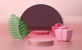 podium empty with geometric shapes in pink pastel composition for modern stage display and minimalist mockup ,abstract showcase background ,Concept 3d illustration or 3d render photo