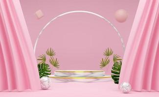 podio vacío con formas geométricas y cortina en composición rosa pastel para exhibición de escenario moderno y maqueta minimalista, fondo de escaparate abstracto, ilustración conceptual 3d o renderizado 3d foto