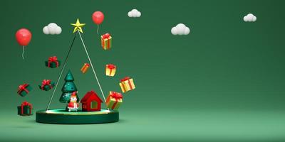 Podium and Gift box  with Christmas tree in green composition for website or poster or Happiness cards,Christmas banner and festive New Year, realistic 3d illustration or 3d render photo