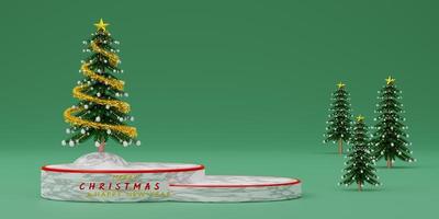 Podium empty with green Chrismas tree in green pastel composition for website or poster or Happiness cards,Christmas banner and festive New Year, realistic 3d illustration or 3d render photo