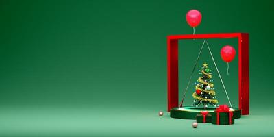 Podium and Gift box with Christmas tree in green composition for website or poster or Happiness cards,Christmas banner and festive New Year, realistic 3d illustration or 3d render photo