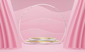 podium empty with geometric shapes and curtain in pink pastel composition for modern stage display and minimalist mockup ,abstract showcase background ,Concept 3d illustration or 3d render photo