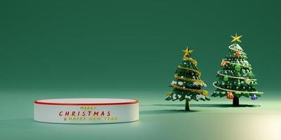 Podium empty with green Chrismas tree in green pastel composition for website or poster or Happiness cards,Christmas banner and festive New Year, realistic 3d illustration or 3d render photo