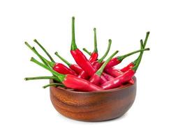 red fresh chili pepper with wooden bowl isolated on white background photo