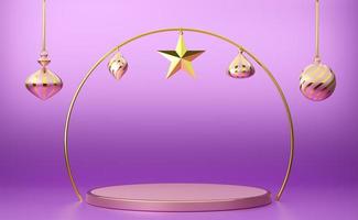 Podium empty with geometric shapes  in purple or violet composition for modern stage display and minimalist mockup ,Concept Christmas and a festive New Year, 3d illustration or 3d render photo