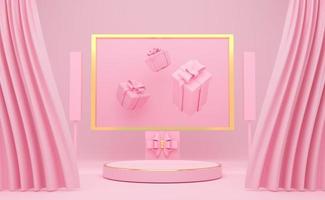 podium empty with geometric shapes and curtain in pink pastel composition for modern stage display and minimalist mockup ,abstract showcase background ,Concept 3d illustration or 3d render photo