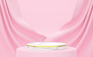 podium empty with geometric shapes and curtain in pink pastel composition for modern stage display and minimalist mockup ,abstract showcase background ,Concept 3d illustration or 3d render photo