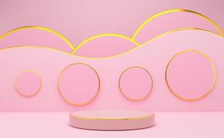 podium empty with geometric shapes in pink pastel composition for modern stage display and minimalist mockup ,abstract showcase background ,Concept 3d illustration or 3d render photo