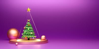 Chrismas tree and ornaments in purple or violet composition for website or poster or Happiness cards,Christmas banner and festive New Year, realistic 3d illustration or 3d render photo