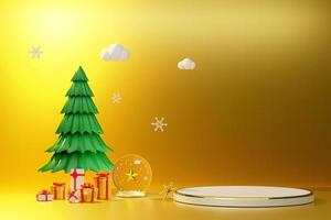 Podium empty and Christmas tree with gift box and ornaments in Gold composition for modern stage display and minimalist mockup ,Concept Christmas and a festive New Year, 3d illustration or 3d render photo