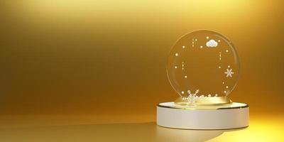 snow globe with snow flakes and ornaments in Gold composition for modern stage display and minimalist mockup ,Concept Christmas and a festive New Year, 3d illustration or 3d render photo