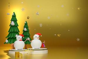 Snow man with Podium and Christmas tree in Gold composition for modern stage display and minimalist mockup ,Concept Christmas and a festive New Year, 3d illustration or 3d render photo