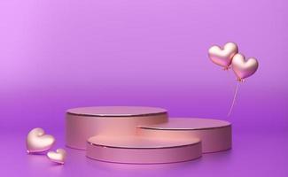 Podium with geometric shapes empty in purple or violet composition for modern stage display and minimalist mockup ,abstract showcase background ,Concept 3d illustration or 3d render photo