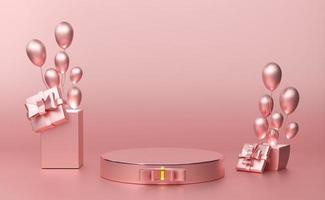 podium empty with geometric shapes and gift box in pink pastel composition for modern stage display and minimalist mockup ,birthday balloons and party or celebrations ,3d illustration or 3d render photo