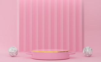 podium empty with geometric shapes in pink pastel composition for modern stage display and minimalist mockup ,abstract showcase background ,Concept 3d illustration or 3d render photo