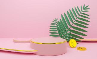 podium empty with geometric shapes in pink pastel composition for modern stage display and minimalist mockup ,abstract showcase background ,Concept 3d illustration or 3d render photo