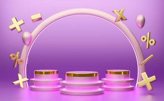Podium empty with geometric shapes  in purple or violet composition for modern stage display and minimalist mockup ,abstract showcase background ,Concept Cost calculation, 3d illustration or 3d render photo