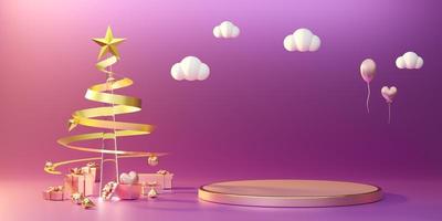 Podium with Christmas tree and ornaments in purple or violet composition for modern stage display and minimalist mockup ,Concept Christmas and a festive New Year, 3d illustration or 3d render photo