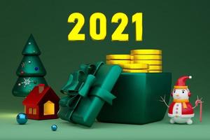 snowman and Gift box with gold coin and Christmas tree in green composition for website or poster or Happiness cards,Christmas banner and festive New Year, realistic 3d illustration or 3d render photo