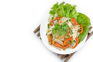 ensalada de cerdo picante de la cocina tailandesa sobre fondo blanco o yum moo yor foto