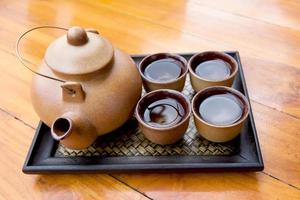 Asian tea set on bamboo tray photo