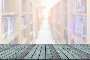 Empty wooden board space platform with library blur background photo