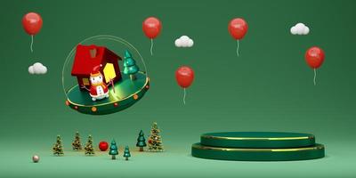 Podium empty and snowman with Christmas tree and snow globe in green composition for website or poster or Happiness cards,Christmas banner and festive New Year, realistic 3d illustration or 3d render photo