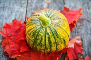 Natural autumn fall view pumpkin and maple leaves on wooden background. Inspirational october or september wallpaper. Change of seasons, ripe organic food concept. Halloween party Thanksgiving day. photo